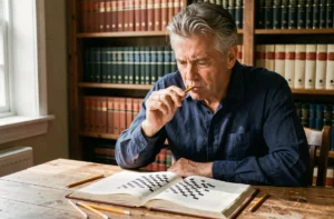 Homme concentré résolvant des mots croisés avec un livre ouvert sur une table en bois, illustrant la recherche de définitions comme cordages en 6 lettres
