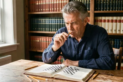 Homme concentré résolvant des mots croisés avec un livre ouvert sur une table en bois, illustrant la recherche de définitions comme cordages en 6 lettres