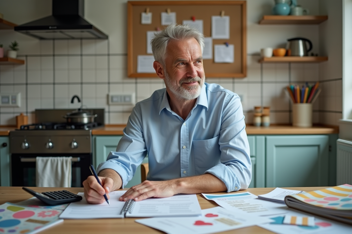 Homme planifiant un anniversaire avec un cahier et calculatrice