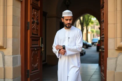 Homme en djellaba blanche consultant sa montre devant l'entrée d'une mosquée aux pierres typiques de Toulouse