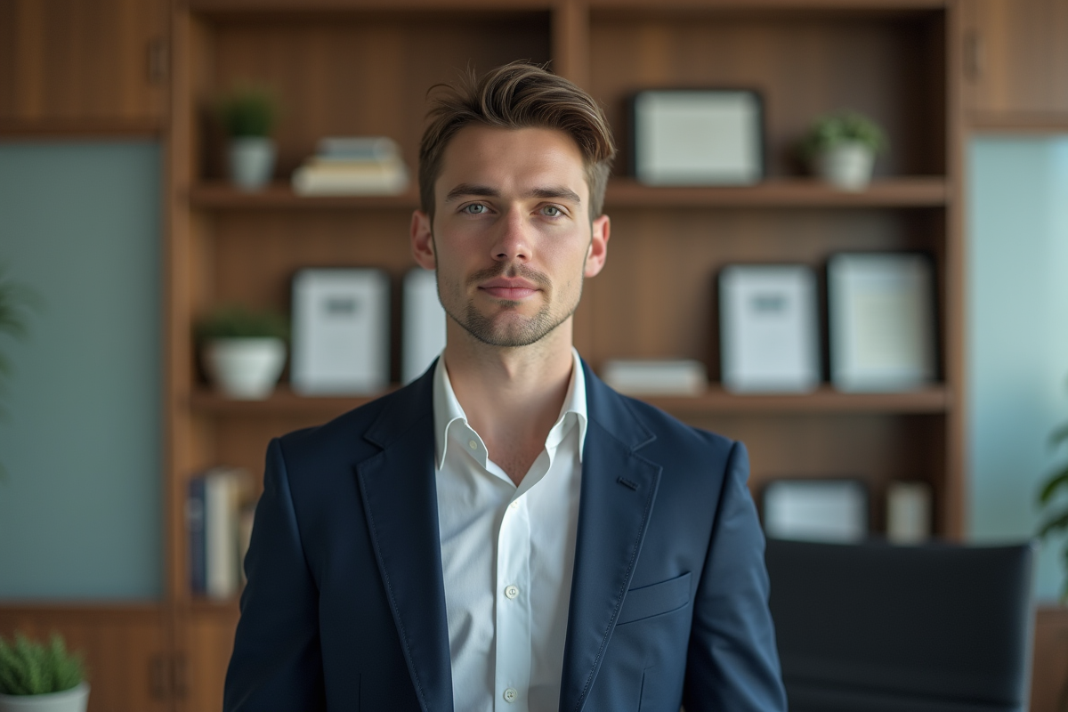 Jeune homme en costume dans un bureau moderne