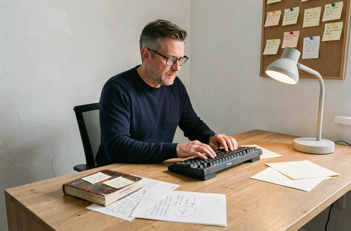 Homme écrivain recherchant un synonyme de mantra avec des notes manuscrites et un thésaurus sur son bureau de travail