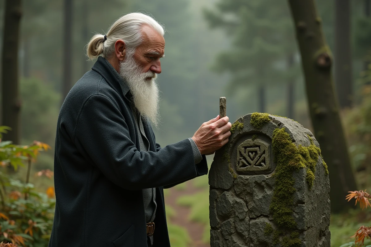 Homme âgé tenant une rune dans une forêt calme