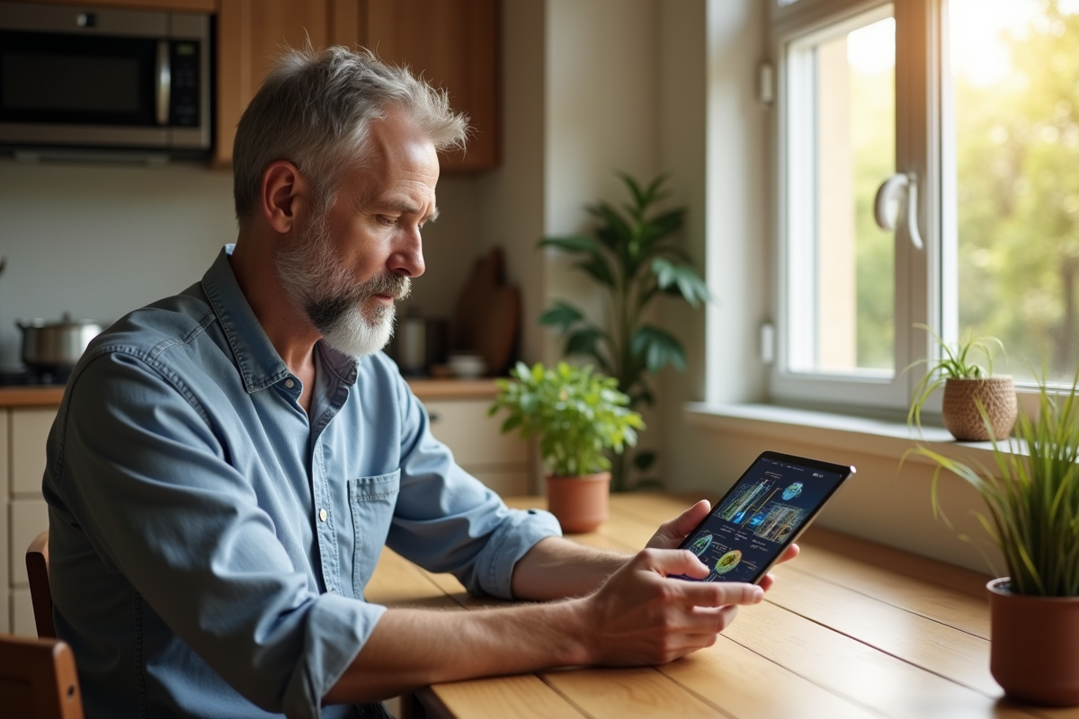 Homme examine schematiques denergie renouvelable