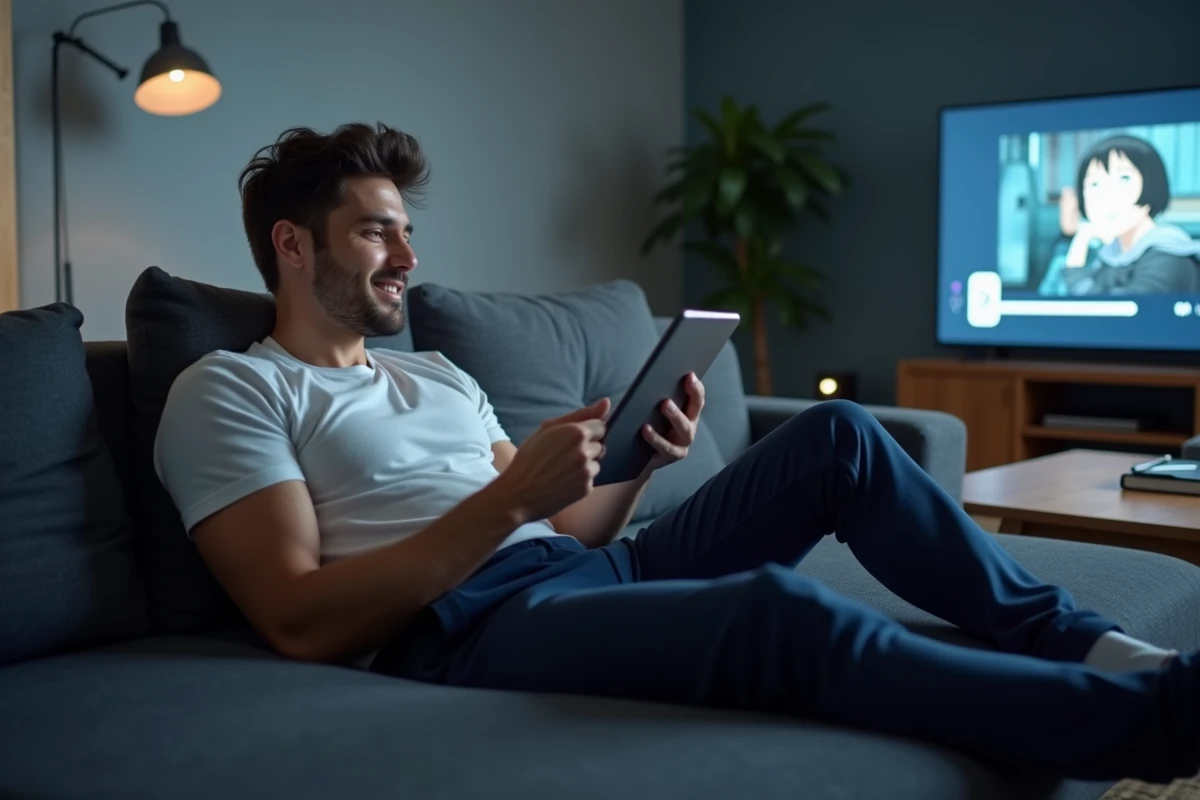 Homme détendu sur un canapé utilisant une tablette pour gérer et organiser sa liste d'animés via une application dédiée