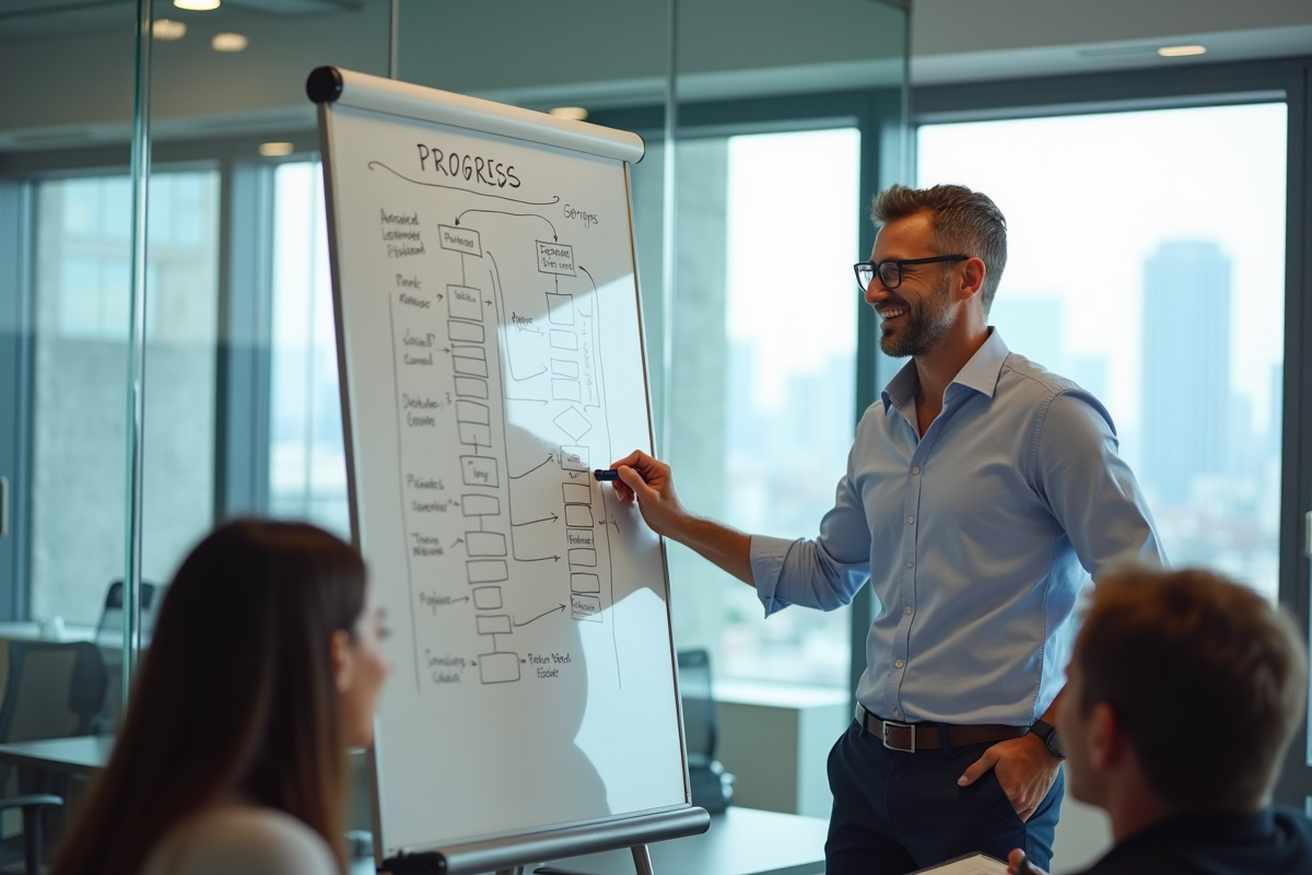 Homme en réunion marquant un diagramme sur un tableau blanc