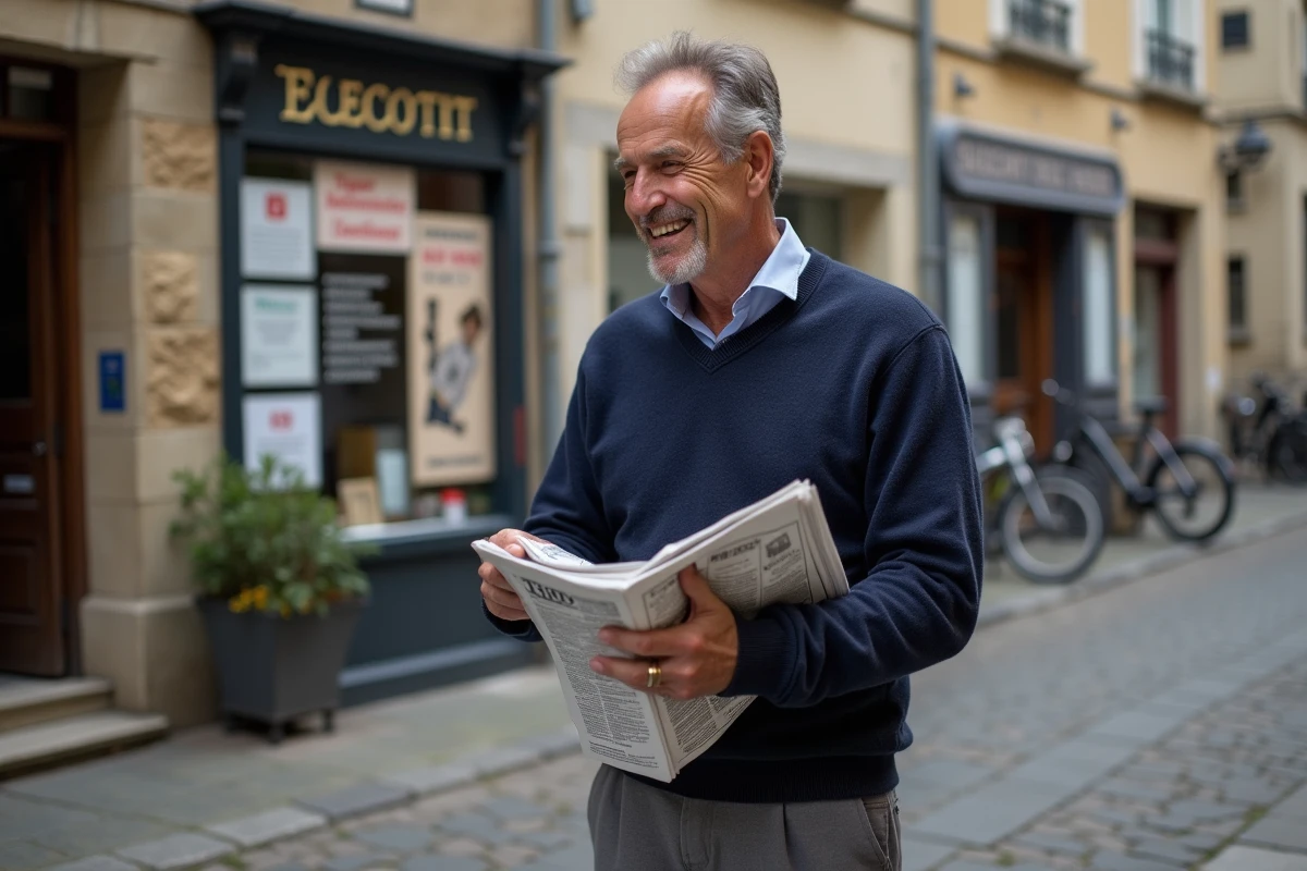 Homme d'âge mûr souriant devant une vitrine avec un signe humoristique anti-RN dans une rue pavée d'une ville de province française