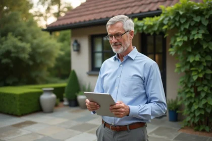 Homme d'âge moyen examine des graphiques immobiliers en plein air