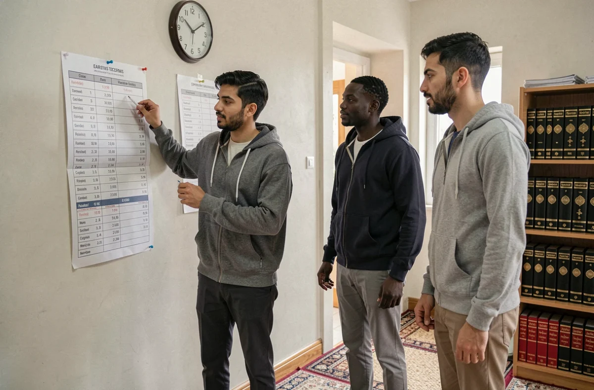 Groupe d'hommes consultant les horaires de prière affichés dans une mosquée de banlieue parisienne