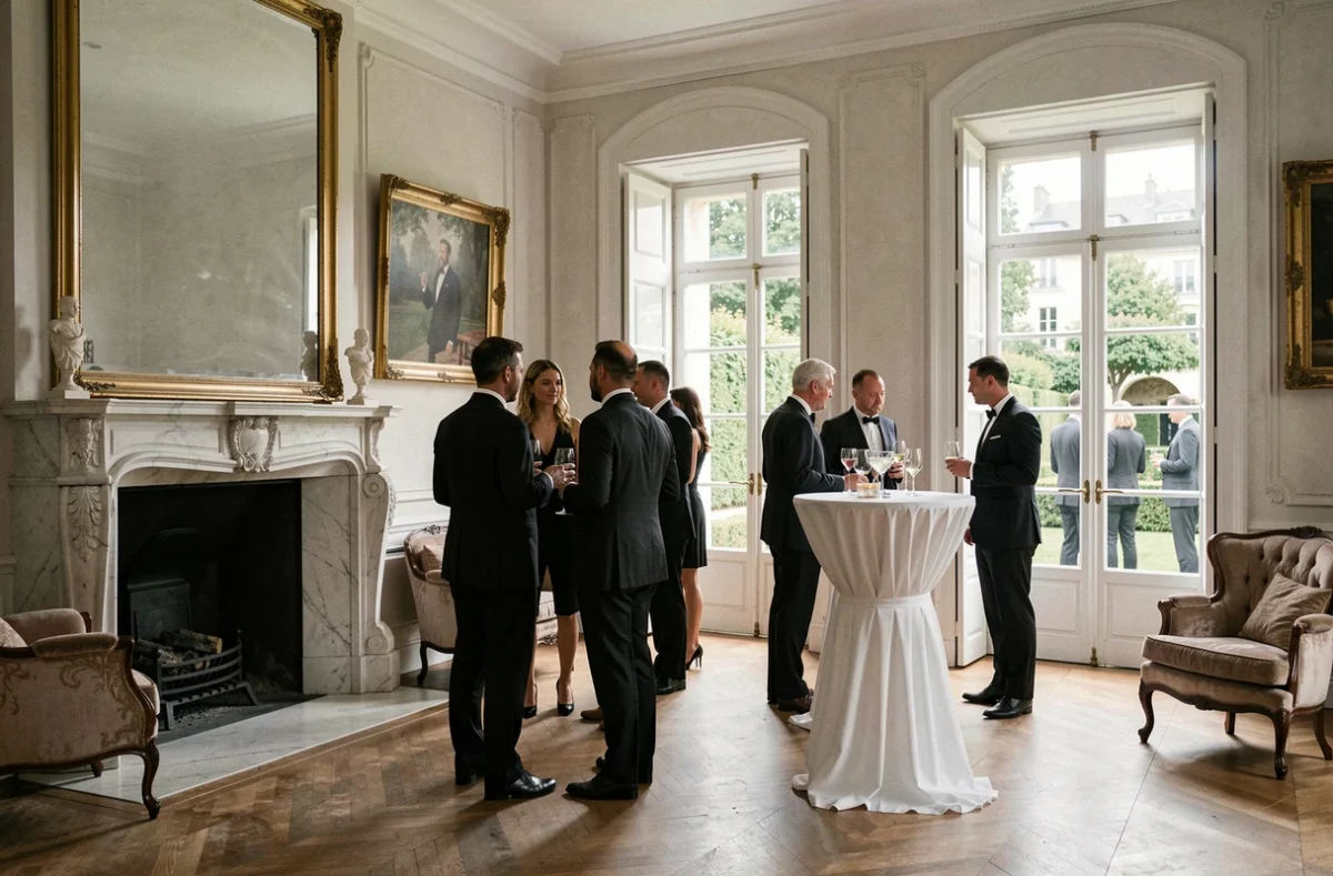 Intérieur de l'Hôtel Le Marois à Paris avec cheminées en marbre, portes-fenêtres sur jardin et cocktail debout en tenue de soirée
