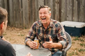Homme d'âge moyen riant bruyamment dans un jardin suburban avec une canette de bière, illustrant l'humour vulgaire et les blagues de beauf