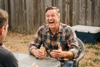 Homme d'âge moyen riant bruyamment dans un jardin suburban avec une canette de bière, illustrant l'humour vulgaire et les blagues de beauf