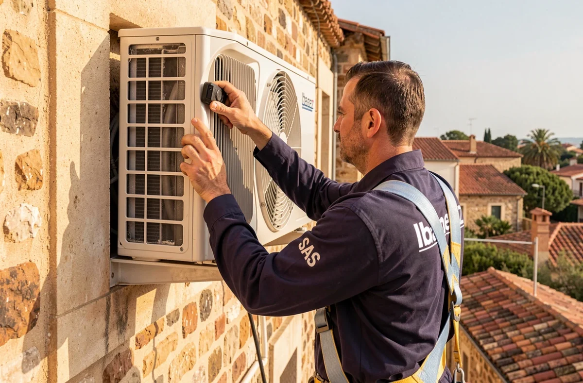 Technicien Ibanez SAS installant une climatisation sur un bâtiment en pierre catalan à Perpignan