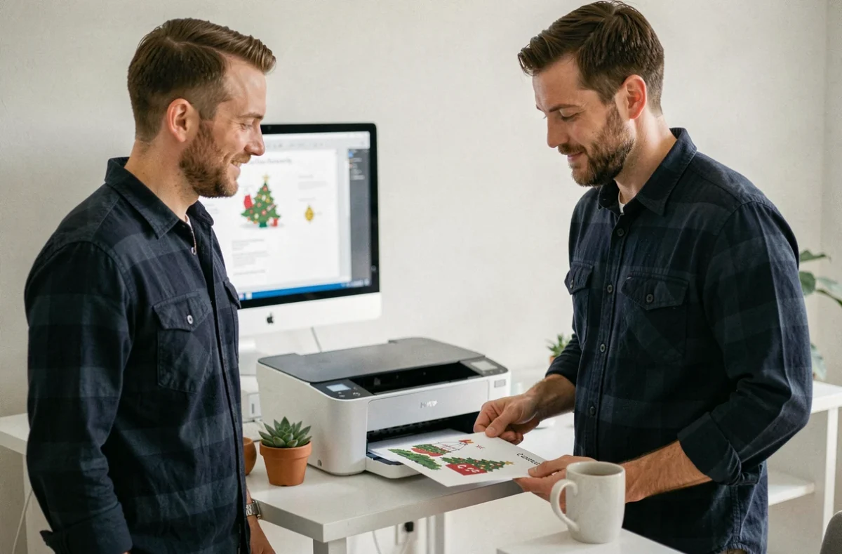 Homme regardant une imprimante produire une carte de Noël au format PDF dans un bureau minimaliste moderne