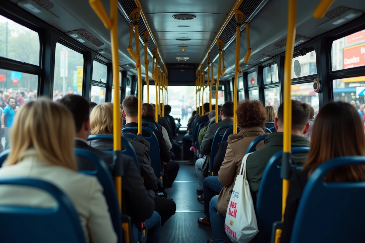 Intérieur d'un bus TCL de Lyon bondé lors d'un événement culturel majeur en ville