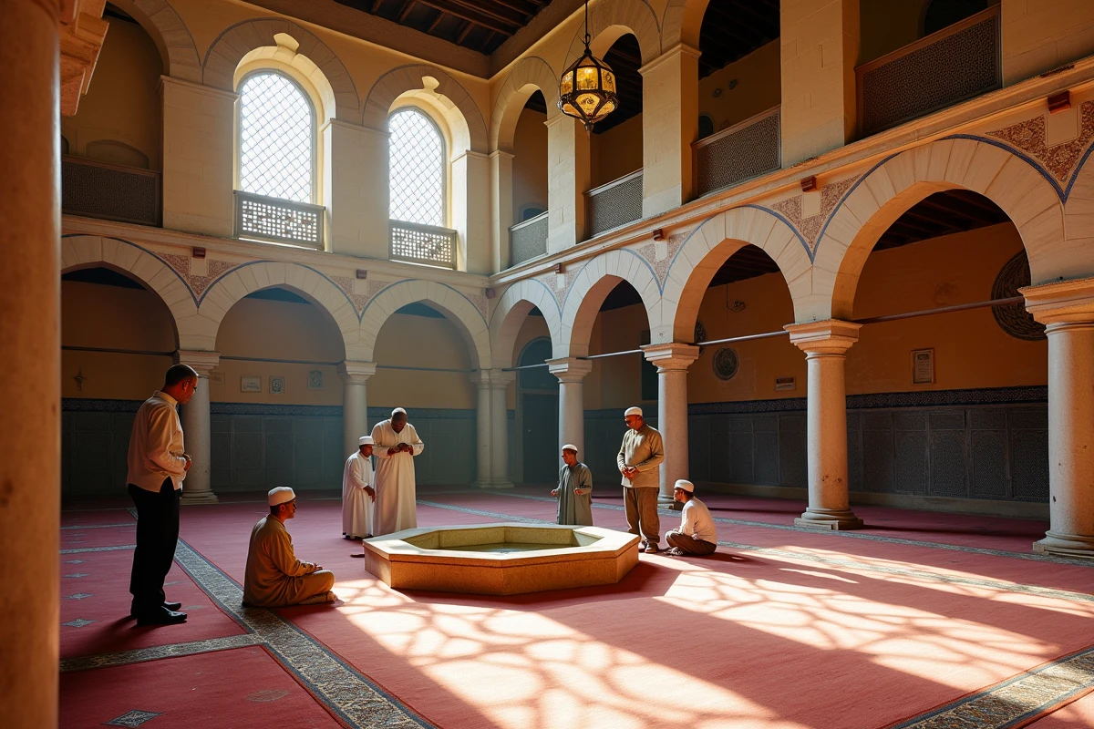 Intérieur d'une mosquée à Toulouse avec des fidèles consultant les horaires de prière affichés sur un pilier