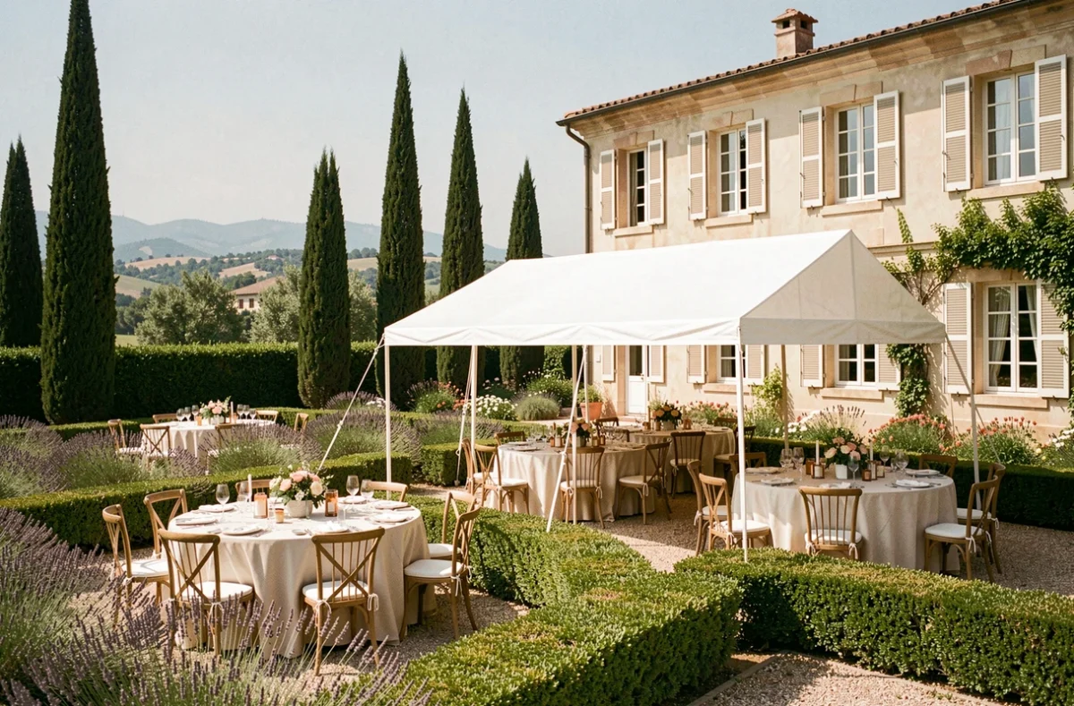 Les Jardins d'Arlias By La Villa Alexandra, espace de réception en plein air avec jardin provençal et tables dressées sous tente