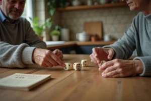 Gros plan sur un couple jouant aux dés dans une ambiance chaleureuse