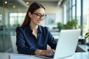 Jeune femme au bureau travaillant sur logiciel de paie