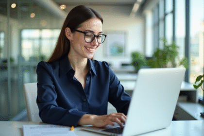 Jeune femme au bureau travaillant sur logiciel de paie