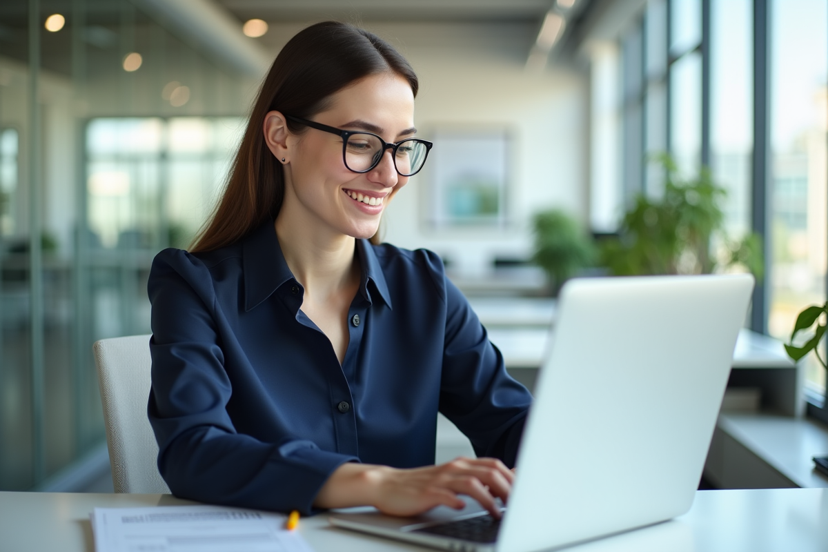 Jeune femme au bureau travaillant sur logiciel de paie