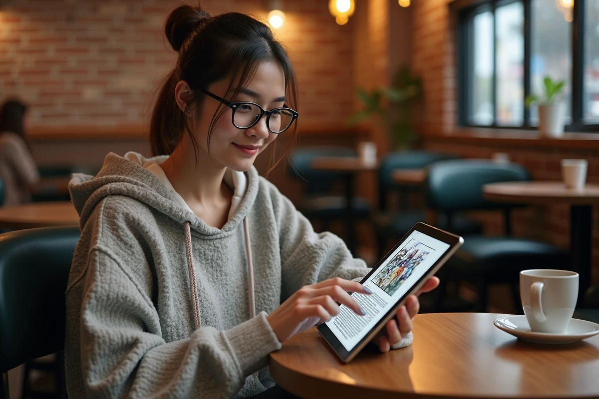 Jeune femme détendue avec tablette dans un café cosy