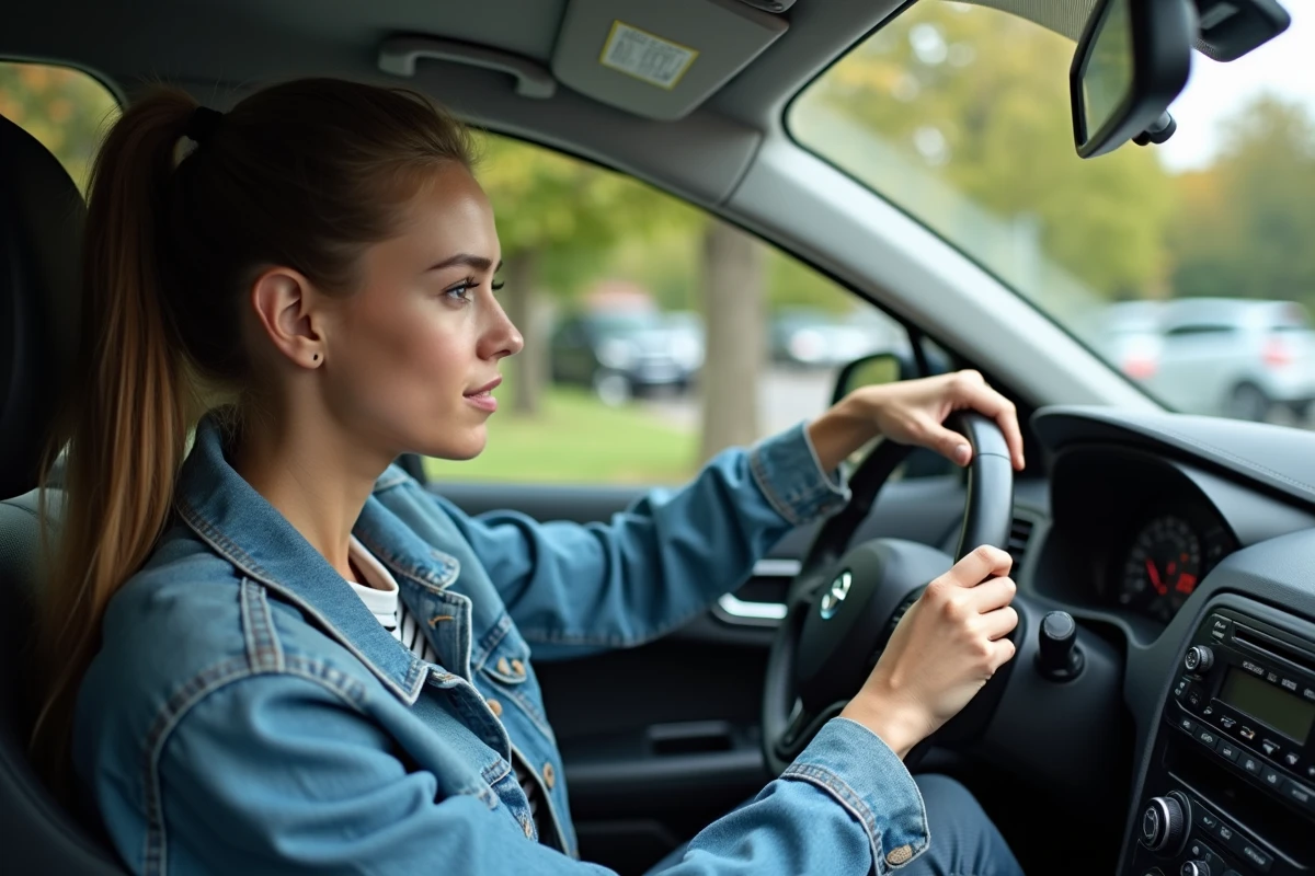 Jeune femme en voiture réglant la radio dans un style naturel
