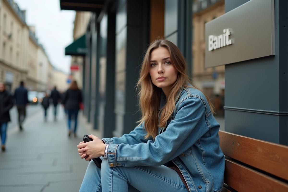 Jeune femme assise sur un banc devant une banque moderne