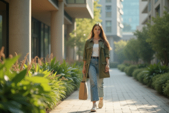 Jeune femme mode écologique dans la ville avec sac réutilisable