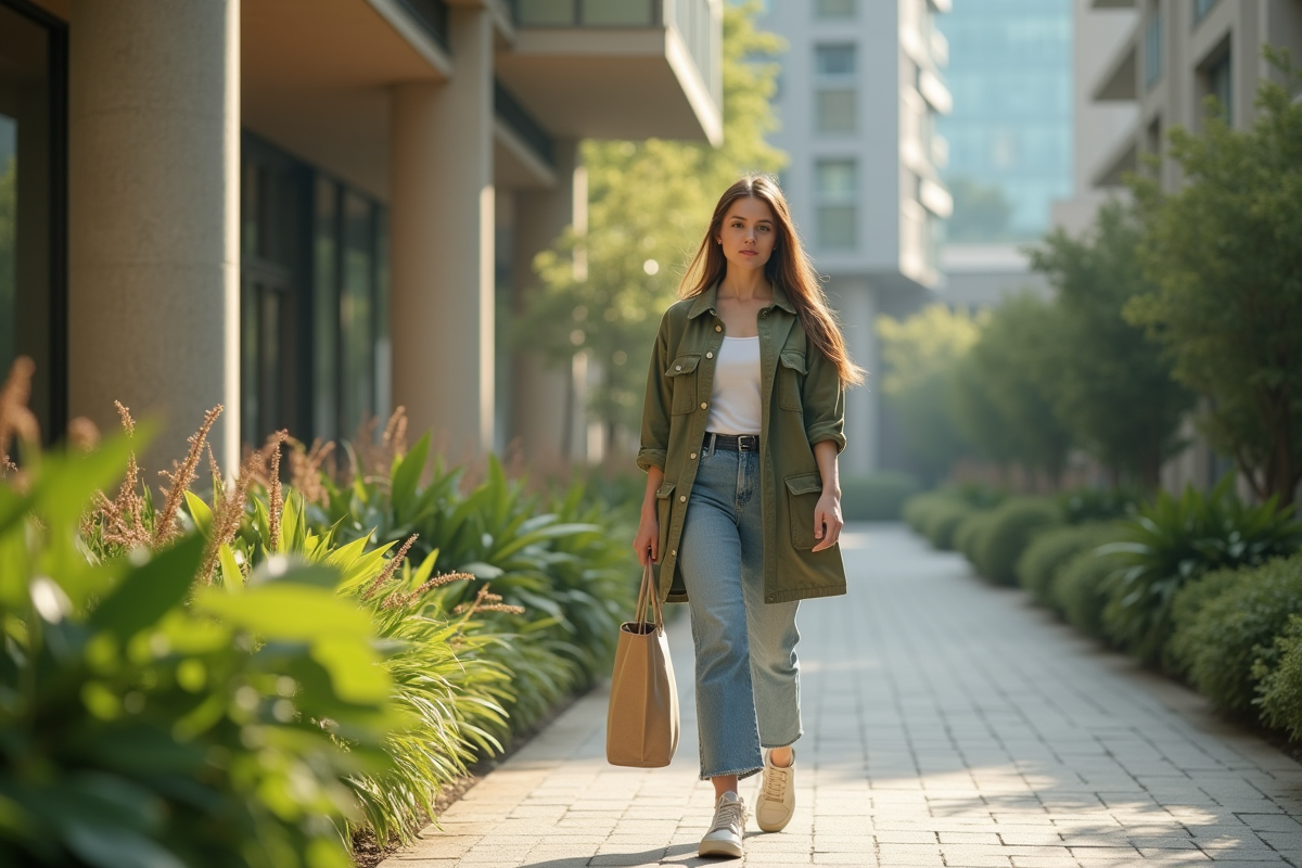 Jeune femme mode écologique dans la ville avec sac réutilisable