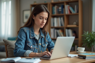 Jeune femme concentrée à étudier chez elle avec son ordinateur