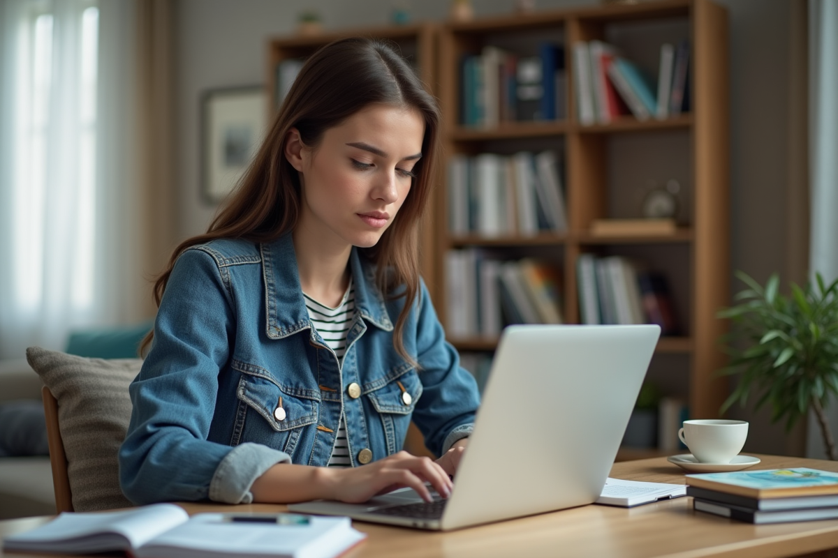 Jeune femme concentrée à étudier chez elle avec son ordinateur