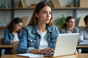 Jeune femme en denim dans une salle de classe moderne