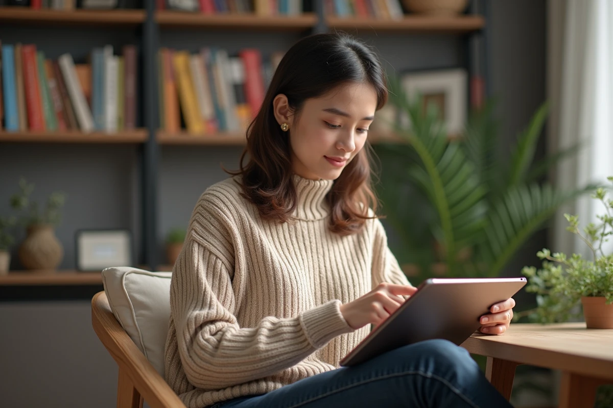 Jeune femme lisant manga sur tablette dans un salon cosy