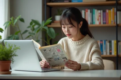 Jeune femme lisant un manhua à la maison dans un cadre cosy