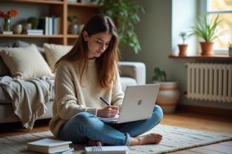 Jeune femme écrivant dans un cahier dans un salon lumineux