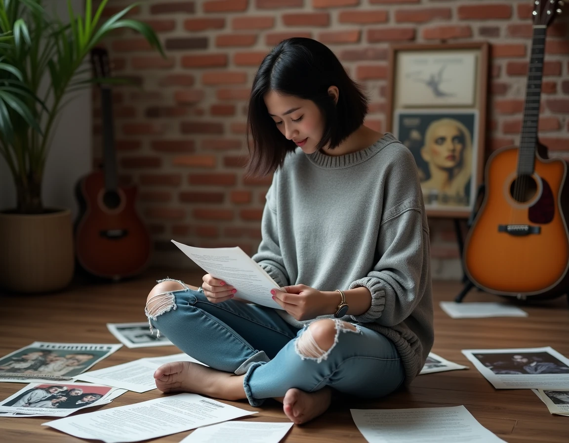 Jeune femme assise sur le sol entourée d'affiches de concerts et de paroles imprimées, tenant une feuille de chansons dans une ambiance créative et émotionnelle