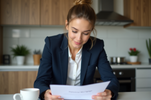 Jeune femme en blazer blanc examine des papiers de prêt immobilier