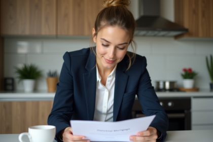 Jeune femme en blazer blanc examine des papiers de prêt immobilier
