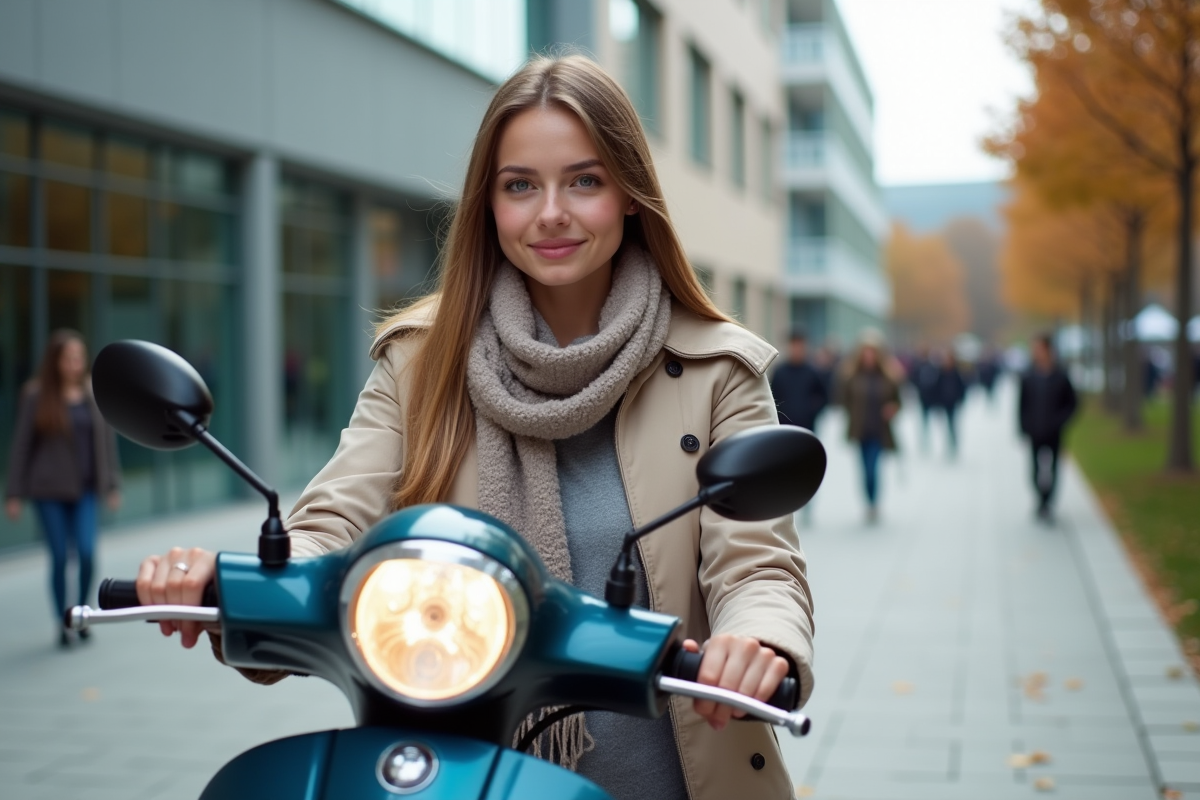 Jeune femme avec scooter devant campus universitaire