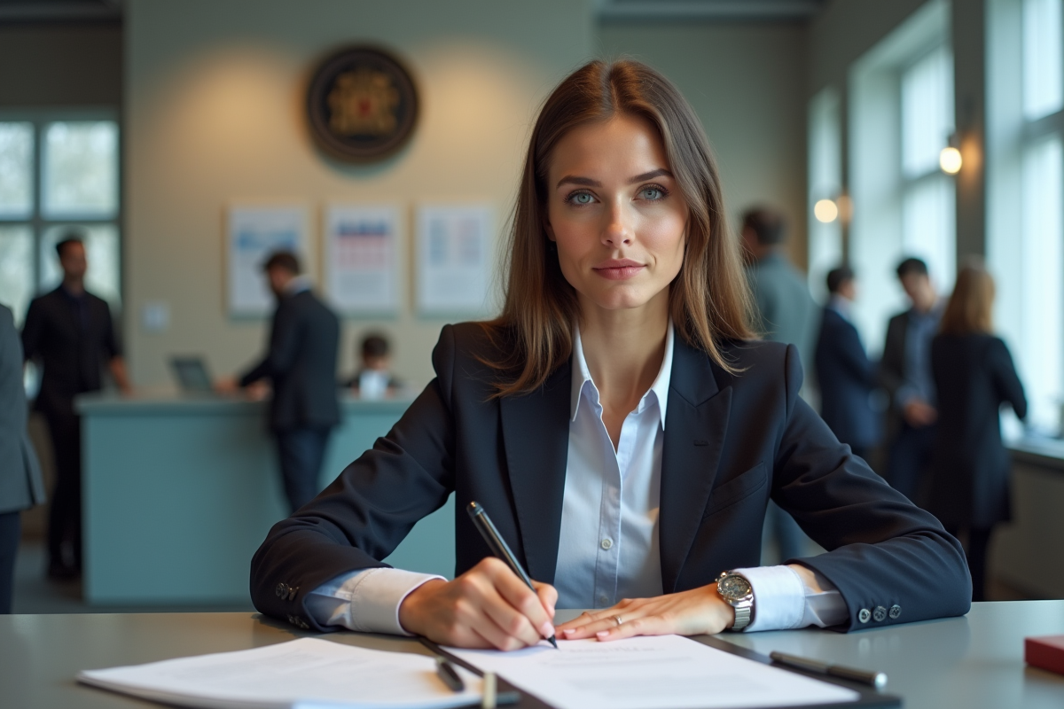 Jeune femme signant un acte notarial dans un bureau moderne