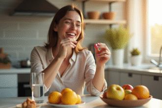 Jeune femme souriante tenant une vitamine B12 rouge dans une cuisine lumineuse