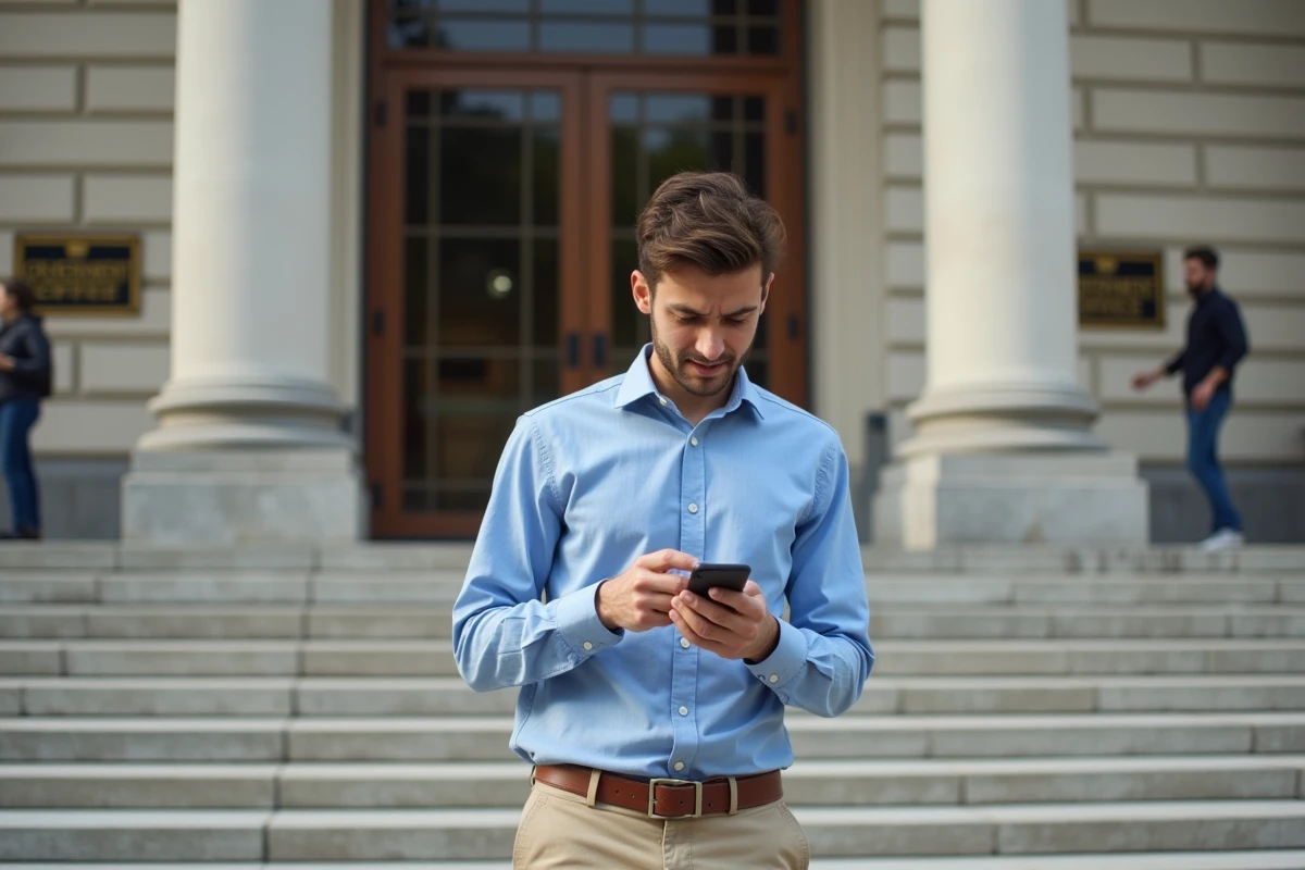 Jeune homme vérifiant son smartphone devant un bâtiment officiel