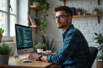 Jeune homme concentré travaillant sur un terminal vintage dans un bureau moderne