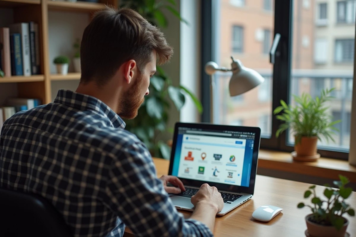 Jeune homme concentré sur son ordinateur dans un appartement moderne