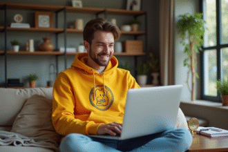Jeune homme avec hoodie Dogecoin au bureau moderne