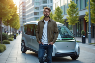 Jeune homme urbain près d'une ecomobile moderne