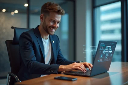 Jeune homme en blazer travaillant sur un ordinateur holographique