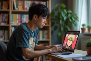 Jeune homme concentré sur son ordinateur avec manga à la maison