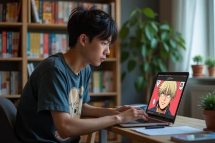 Jeune homme concentré sur son ordinateur avec manga à la maison